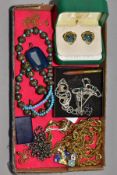 A BOX OF JEWELLERY, to include a gem set pendant necklace, the pendant of an openwork design set