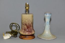 A COBRIDGE STONEWARE TABLE LAMP AND CANDLESTICK, both high fired, the table lamp of cylindrical form