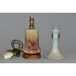 A COBRIDGE STONEWARE TABLE LAMP AND CANDLESTICK, both high fired, the table lamp of cylindrical form