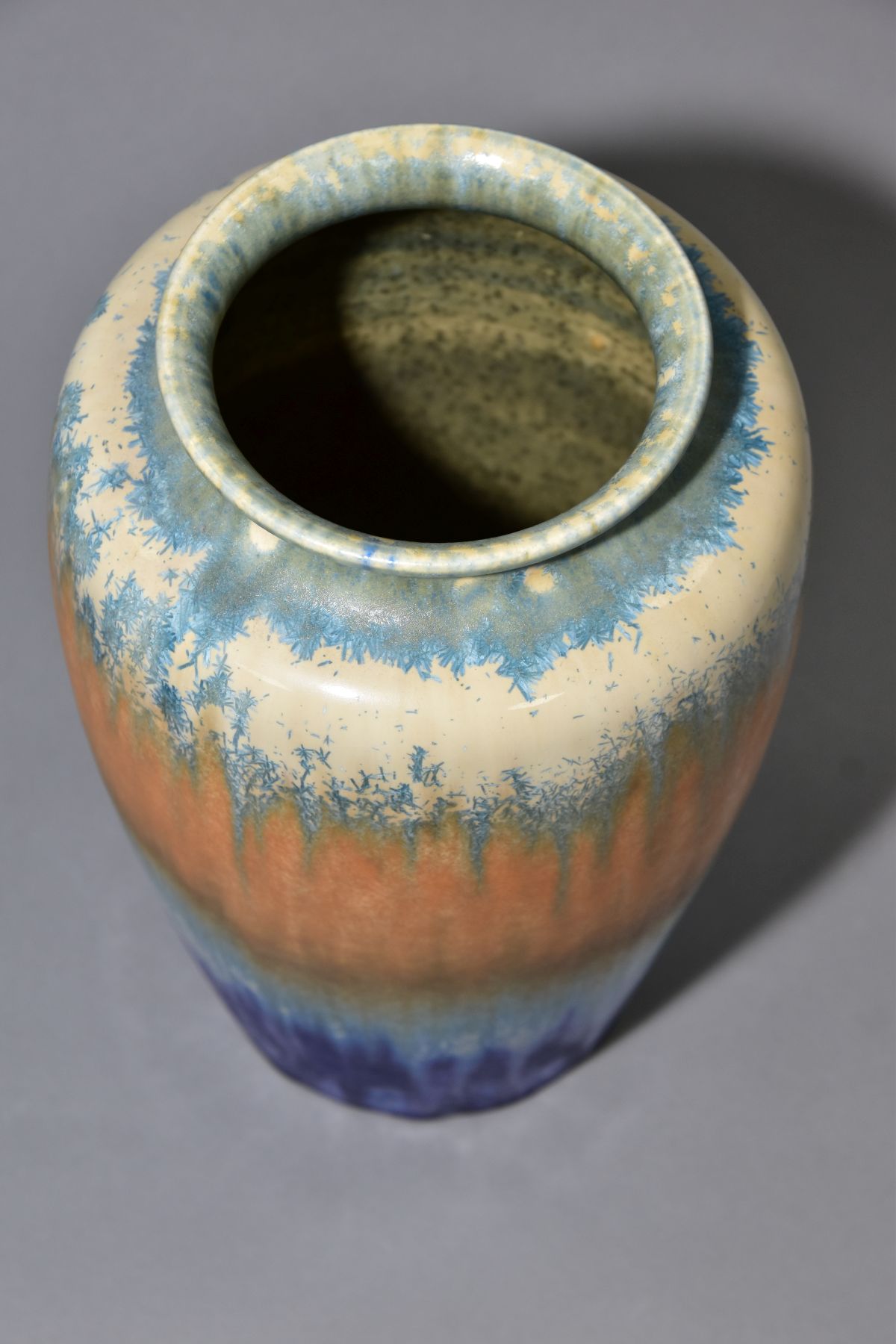 RUSKIN POTTERY, a 261 shape vase of high shouldered form, having green, orange and blue - Image 3 of 5