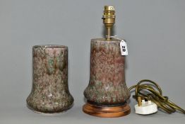 A COBRIDGE STONEWARE HIGH FIRED TABLE LAMP AND VASE, both of cylindrical form with a bulbous base