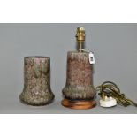 A COBRIDGE STONEWARE HIGH FIRED TABLE LAMP AND VASE, both of cylindrical form with a bulbous base