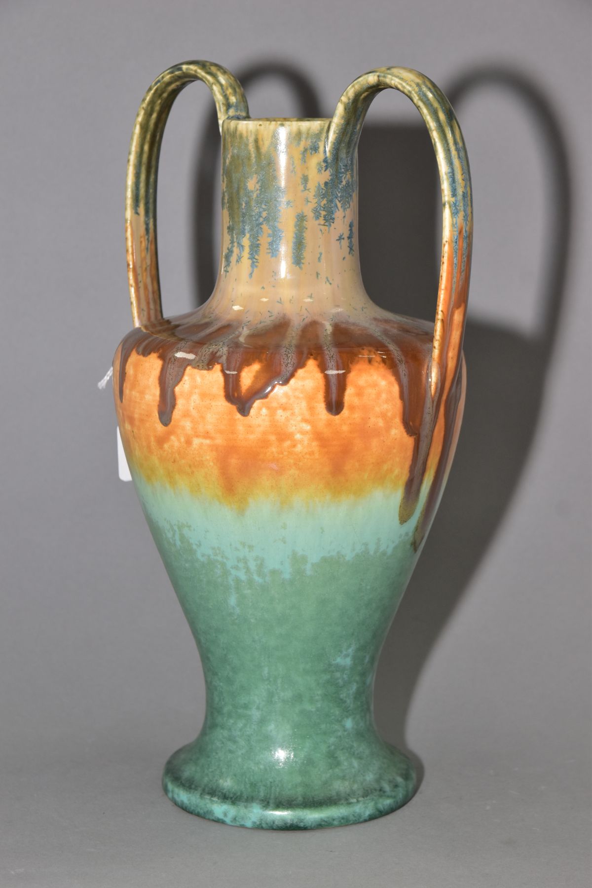 RUSKIN POTTERY, a number 9 shape twin handled vase, crystalline matt and gloss glazes, signed W. - Image 4 of 5