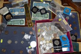 A BOX LID OF MAINLY UK COINAGE, to include two George III silver 3d coins 1762-1763, 1897