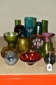 A COLLECTION OF MOSTLY 20TH CENTURY COLOURED GLASSWARE, including a Mdina turquoise cylindrical