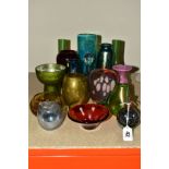 A COLLECTION OF MOSTLY 20TH CENTURY COLOURED GLASSWARE, including a Mdina turquoise cylindrical