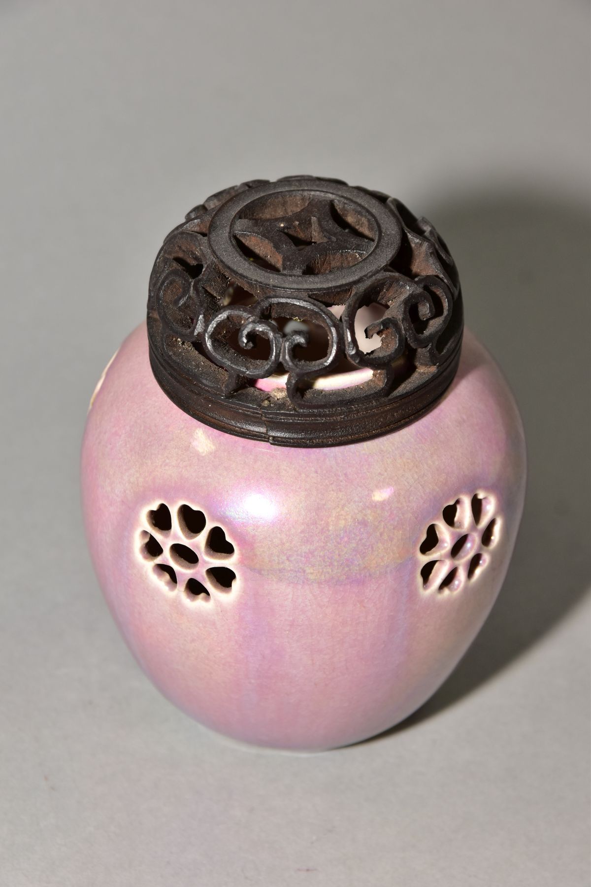 RUSKIN POTTERY, a pink lustre reticulated ginger/pot pourri jar, pierced flowers with heart shaped - Image 2 of 5