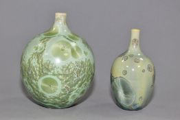 SIMON RICH (BRITISH 1949) TWO GREEN CRYSTALLINE VASES, the first of globular shape with short