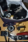 A BAG CONTAINING A CANON G2 DIGITAL CAMERA, a Panasonic Lumix DMC-FZ18 digital camera, a Panasonic