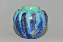 A PIERREFONDS POTTERY SQUAT BALUSTER VASE having raised lobes to the shoulders, the vase is covered