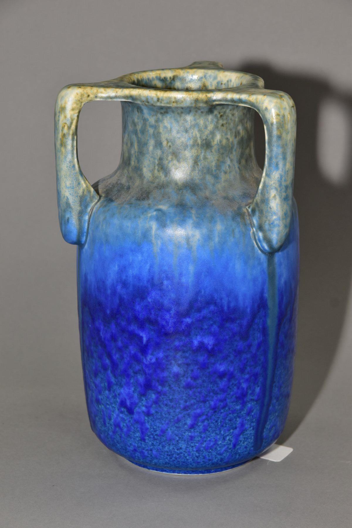 RUSKIN POTTERY, a three handled bottle shaped vase, mottled green fading to blue glaze, inscribed W. - Image 6 of 6