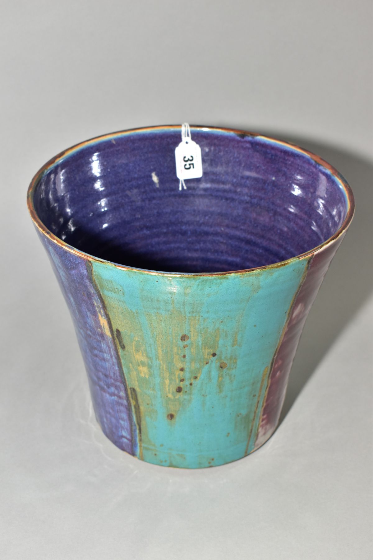 A DARTINGTON POTTERY CONICAL JARDINIERE, decorated with wide vertical bands of turquoise, blue and - Image 2 of 3