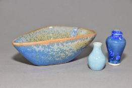 RUSKIN STYLE CERAMICS, comprising a miniature crackle glaze baluster vase in duck egg blue glaze,