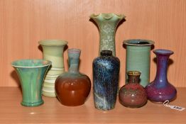 STUDIO POTTERY VASES etc, comprising a tapering vase with navy rim and crystalline glaze,