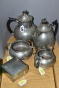 AN EARLY 20TH CENTURY SOLKETS 'TUDRIC' PEWTER FOUR PIECE HAND HAMMERED TEA SET, all numbered