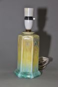RUSKIN POTTERY, a hexagonal vase converted to a lamp base, yellow and green crystalline glazes,