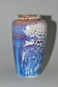 A COBRIDGE STONEWARE HIGH FIRED BALUSTER VASE, speckled and mottled cream, blue and purple glazes,