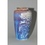 A COBRIDGE STONEWARE HIGH FIRED BALUSTER VASE, speckled and mottled cream, blue and purple glazes,