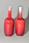 A PAIR OF ROYAL DUX SOLIFLEUR VASES, mostly ox-blood glaze to the body, printed marks to the