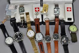 A BOX OF ASSORTED GENTS QUARTZ WRISTWATCHES, etc, including two boxed watches by Montre Suisse