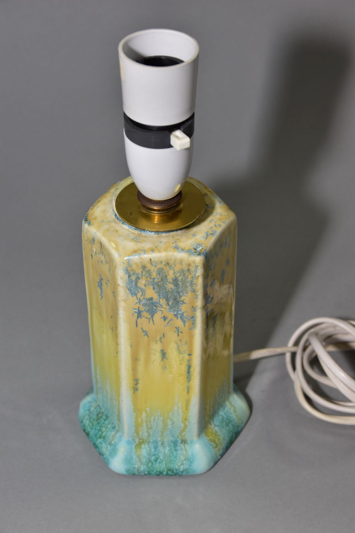RUSKIN POTTERY, a hexagonal vase converted to a lamp base, yellow and green crystalline glazes, - Image 2 of 4