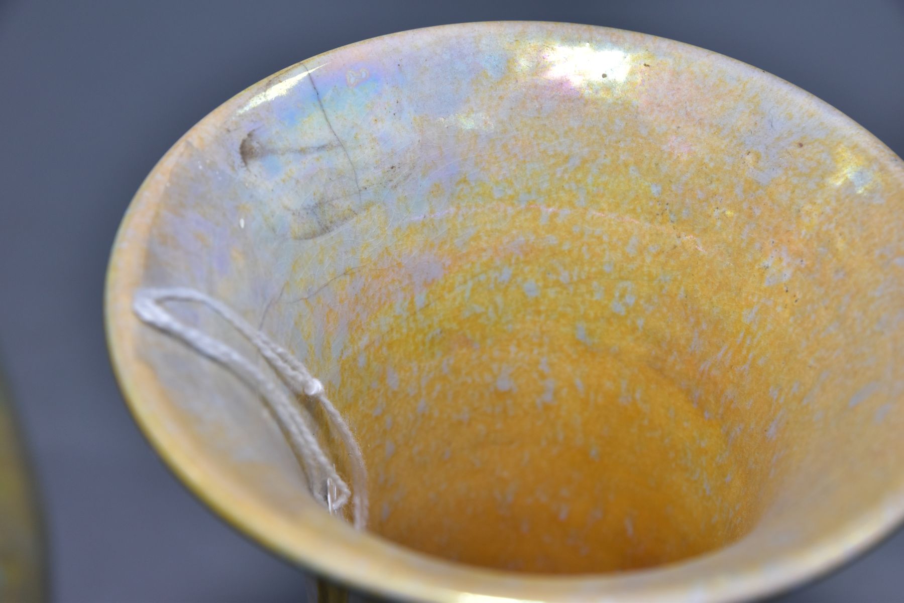 RUSKIN POTTERY, a mottled yellow lustre vase of cylindrical form with flared rim, impressed Ruskin - Image 6 of 6