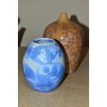 TWO UNMARKED CRYSTALLINE GLAZE VASES, comprising a blue example, approximate height 13cm and a