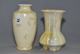 TWO CRYSTALLINE GLAZE POTTERY VASES, the first of baluster form is unmarked, approximate height