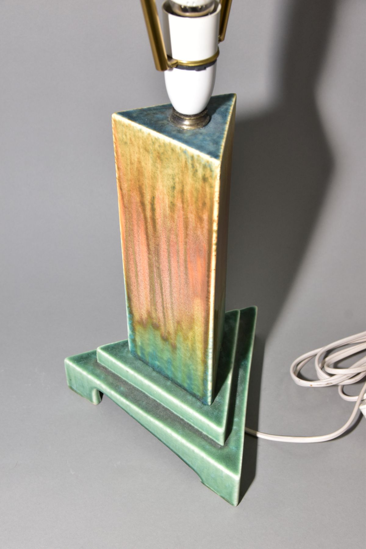 RUSKIN POTTERY, a triangular section moulded lamp base, matt green and orange gloss crystalline - Image 5 of 7