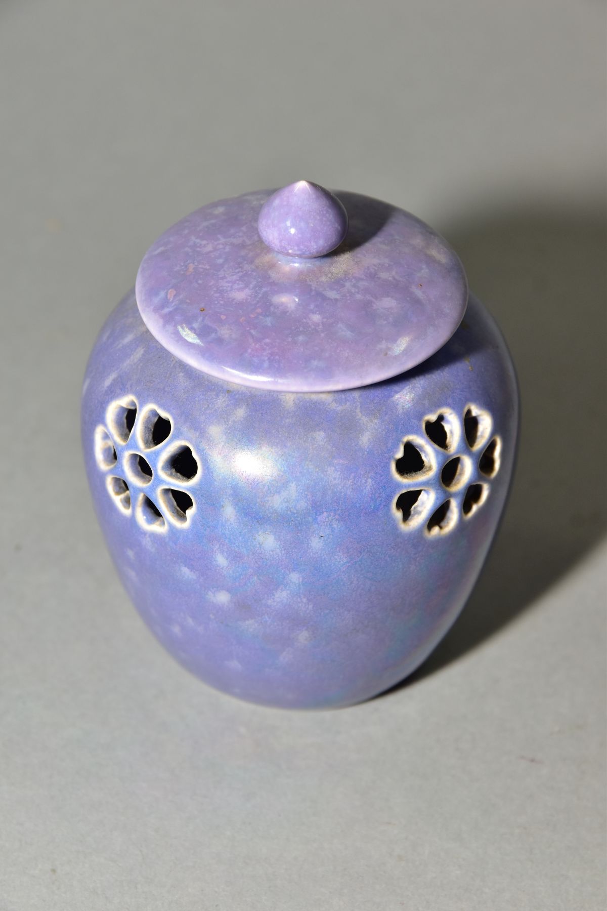 RUSKIN POTTERY, a lavender lustre reticulated ginger/pot pourri jar with cover, pierced flowers with - Image 2 of 7