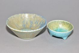 RUSKIN POTTERY two crystalline glaze bowls, the first has a pale blue crackle glaze to the inside
