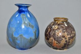 TWO STUDIO POTTERY VASES HAVING CRYSTALLINE GLAZE, the blue example is unmarked and is approximate