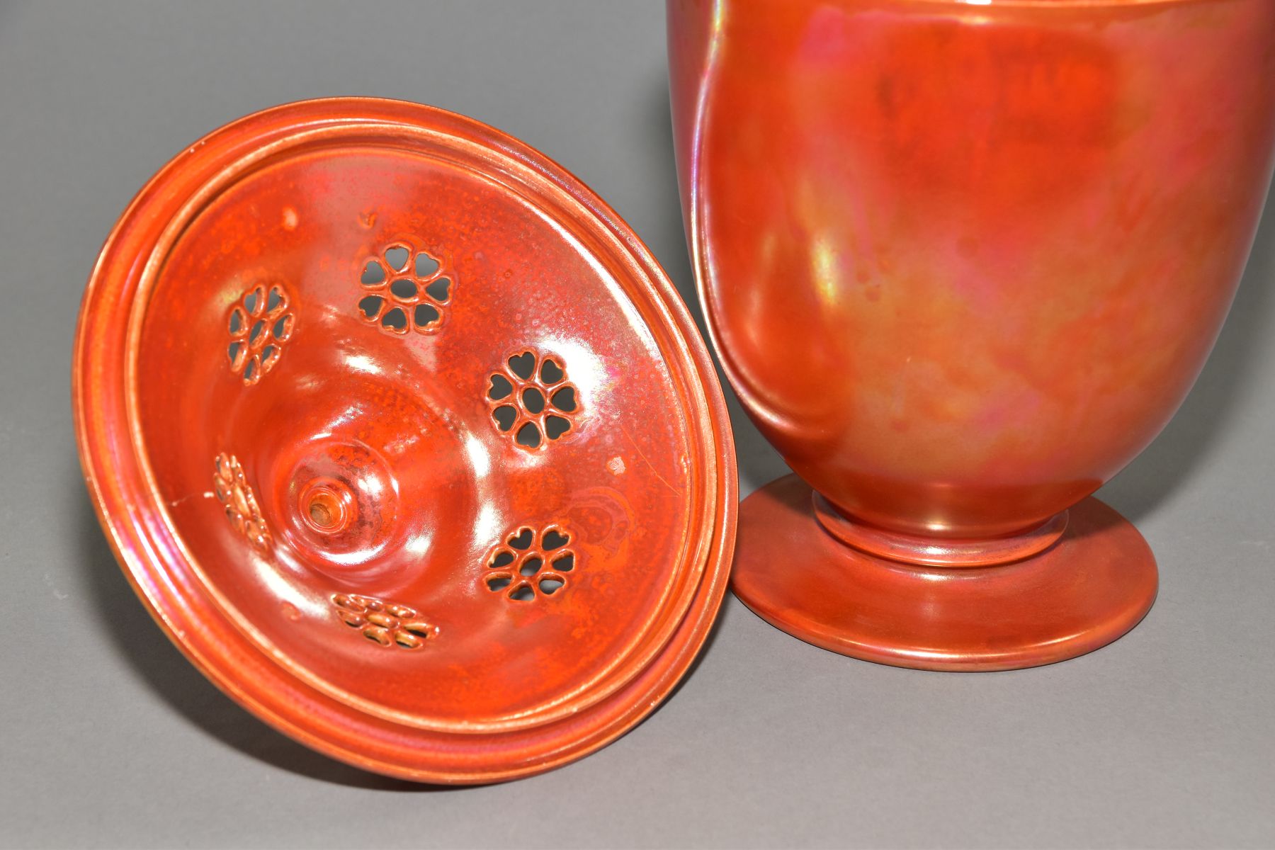 RUSKIN POTTERY, a large orange lustre pot pourri jar with cover, the jar has a ringed foot, - Image 7 of 9