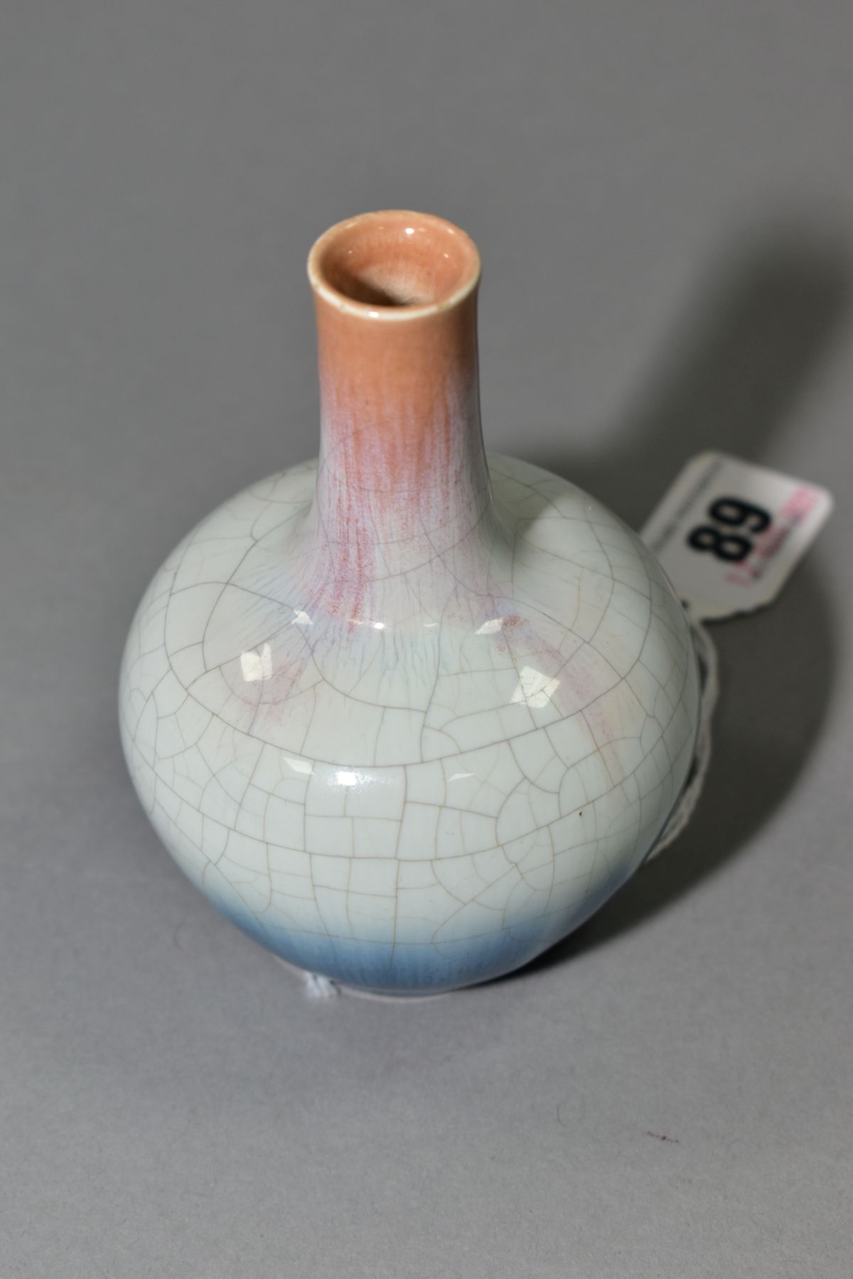 A MALLET SHAPED POTTERY VASE, crackle glaze fading from buff to blue, possibly by the Ashby Guild, - Image 2 of 3