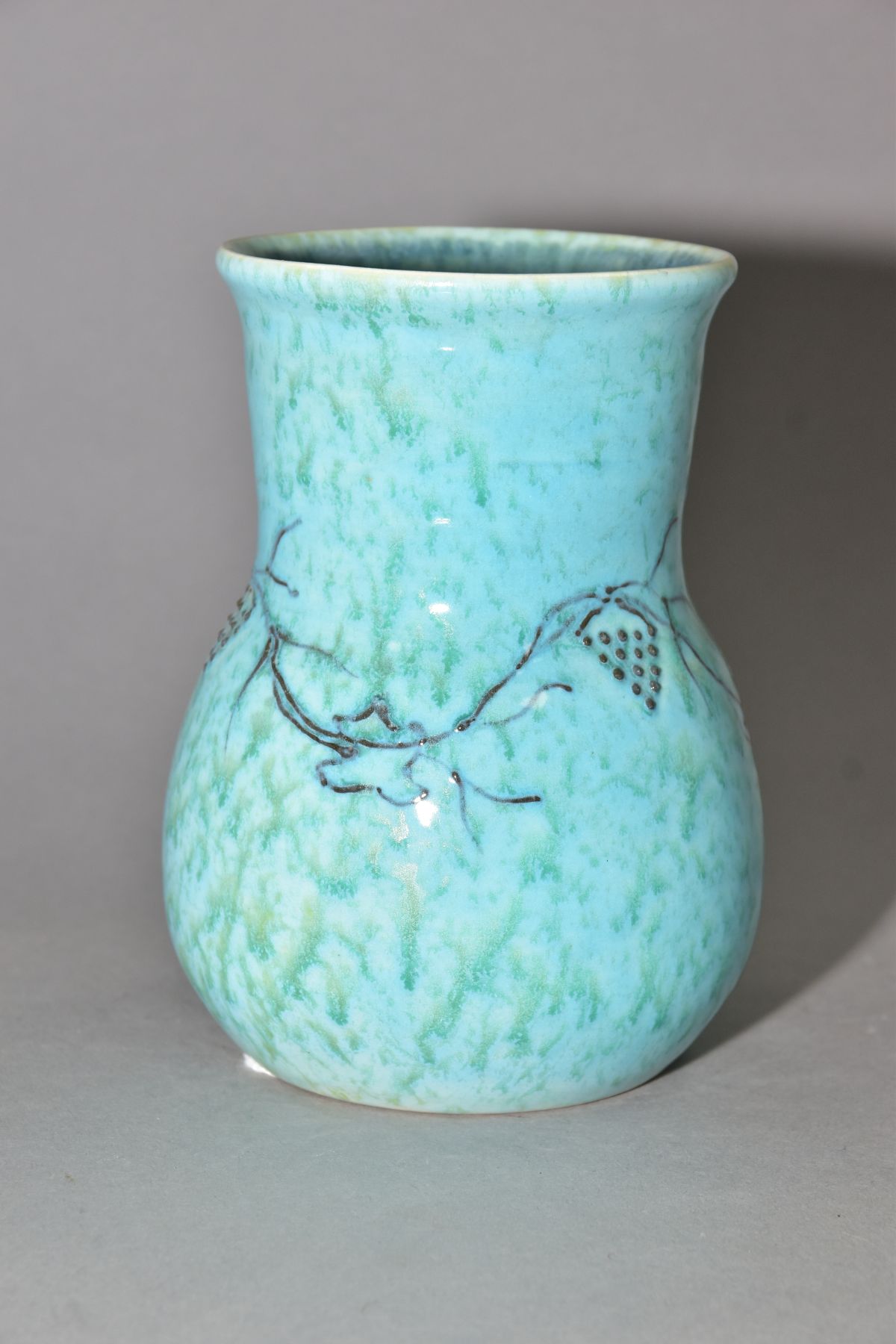 RUSKIN POTTERY, a turquoise and green crystalline glaze vase of globe and shaft form with an