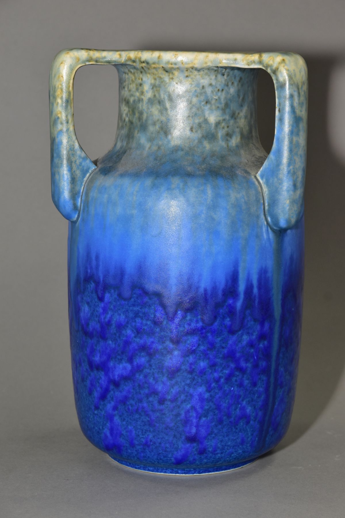 RUSKIN POTTERY, a three handled bottle shaped vase, mottled green fading to blue glaze, inscribed W. - Image 5 of 6