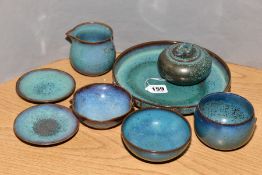 EIGHT PIECES OF STUDIO POTTERY OF ORIENTAL STYLE, all with mottled blue/turquoise glazes, comprising