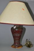 A COBRIDGE STONEWARE HIGH FIRED BALUSTER TABLE LAMP, mottled green/blue glaze over a red ground,