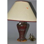 A COBRIDGE STONEWARE HIGH FIRED BALUSTER TABLE LAMP, mottled green/blue glaze over a red ground,