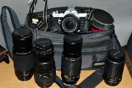 A PENTAX MX FILM SLR CAMERA, fitted with a SMC M 28mm f2.8 lens, a SMC M 80-200mm f4.5 lens, a SMC A