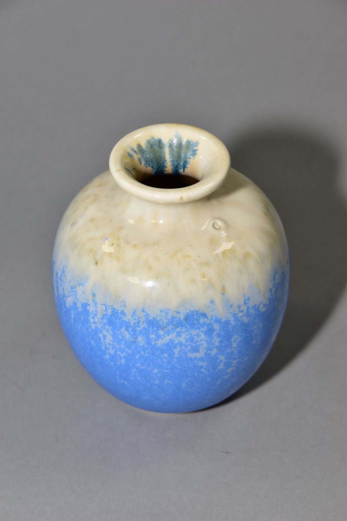 RUSKIN POTTERY, a globular vase with blue crystalline and cream glazes, impressed Ruskin England, - Image 2 of 4