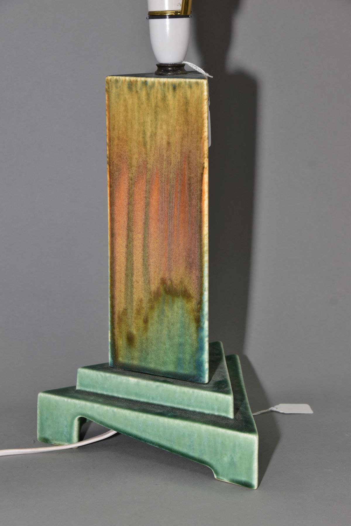 RUSKIN POTTERY, a triangular section moulded lamp base, matt green and orange gloss crystalline - Image 3 of 7