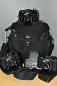 THREE MINOX 35GT FILM CAMERAS with leather cases, a TC35 flash and a Lowepro camera bag