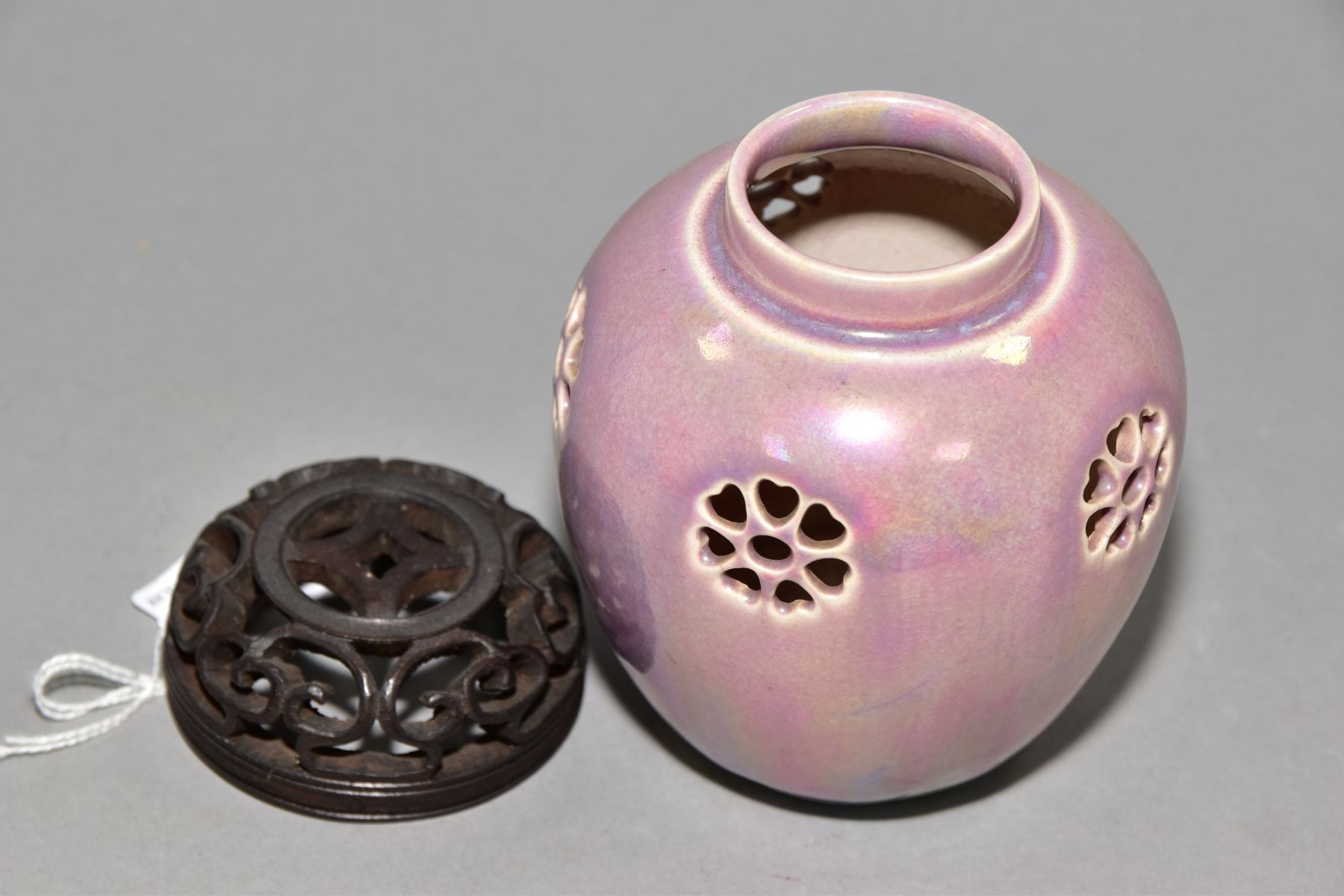 RUSKIN POTTERY, a pink lustre reticulated ginger/pot pourri jar, pierced flowers with heart shaped - Image 3 of 5