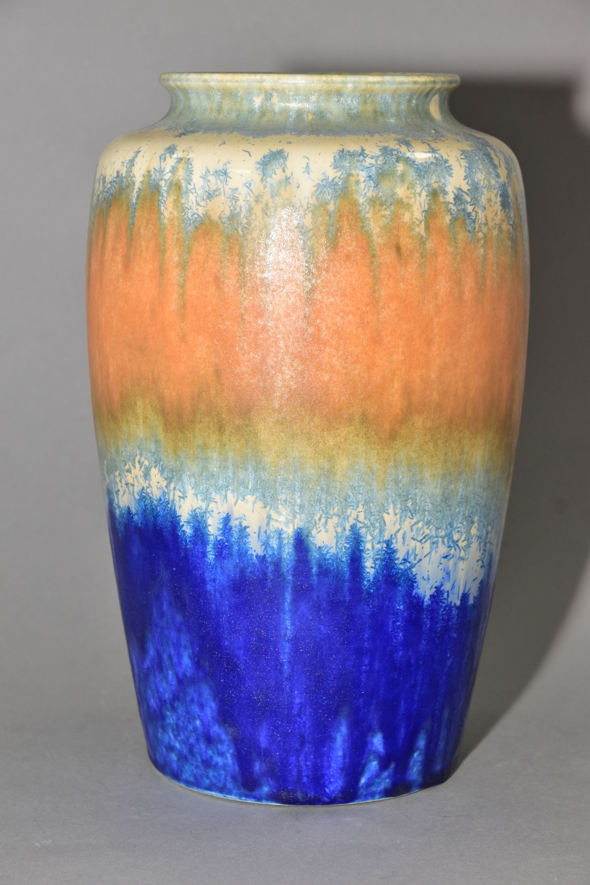 RUSKIN POTTERY, a 261 shape vase of high shouldered form, having green, orange and blue - Image 5 of 5