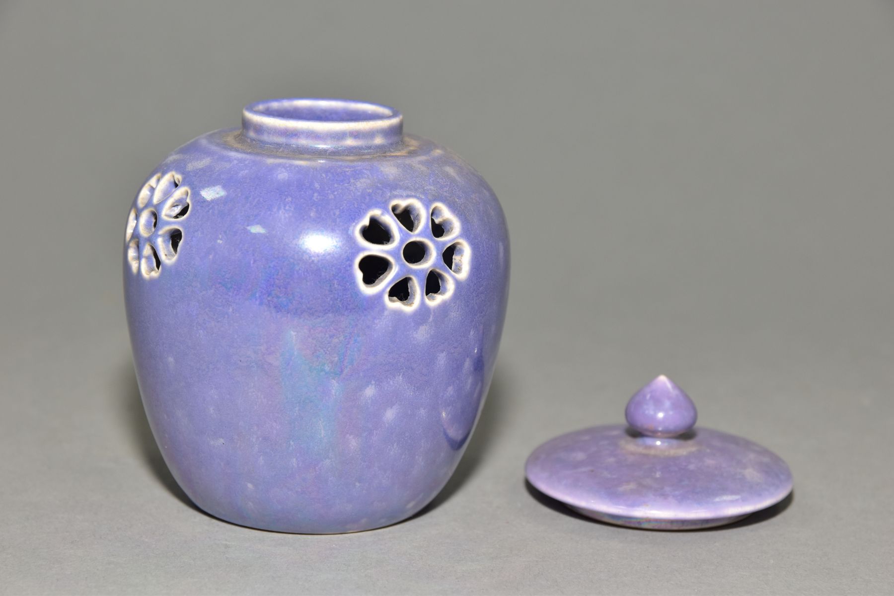 RUSKIN POTTERY, a lavender lustre reticulated ginger/pot pourri jar with cover, pierced flowers with - Image 6 of 7