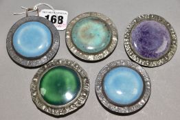 A RUSKIN ENAMEL SET INTO A PEWTER BROOCH MOUNT, there is a mirror and powder compact verso marked