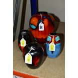 FOUR MODERN POOLE POTTERY VASES, two of baluster form and two of inverted tapering flattened form,