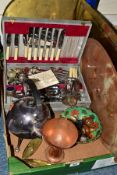 A BOX AND LOOSE OF METALWARES, including Arts and Crafts oval and brass trays, a planished copper