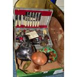 A BOX AND LOOSE OF METALWARES, including Arts and Crafts oval and brass trays, a planished copper